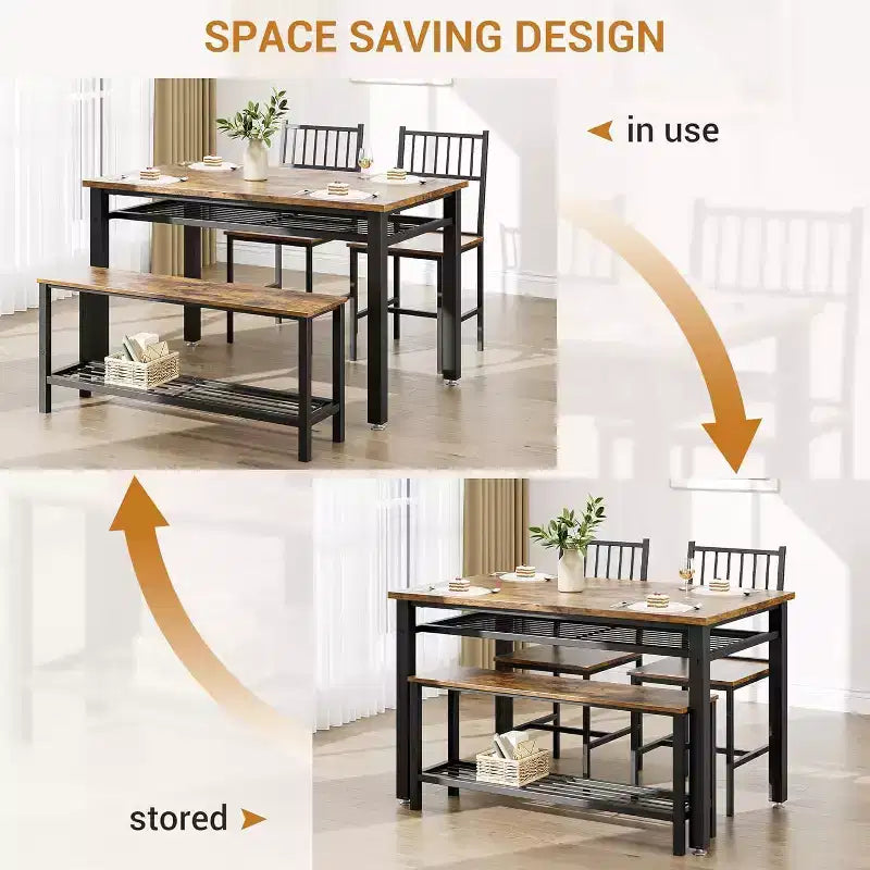 Une table à manger rectangulaire pour quatre, deux chaises et un banc