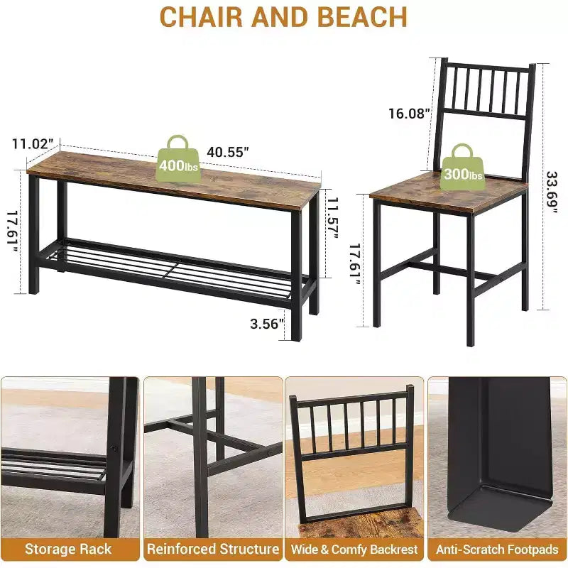 Une table à manger rectangulaire pour quatre, deux chaises et un banc