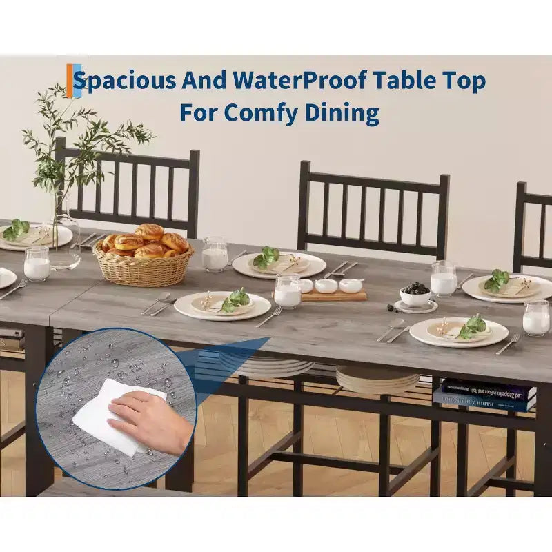 Une table à manger rectangulaire pour quatre, deux chaises et un banc