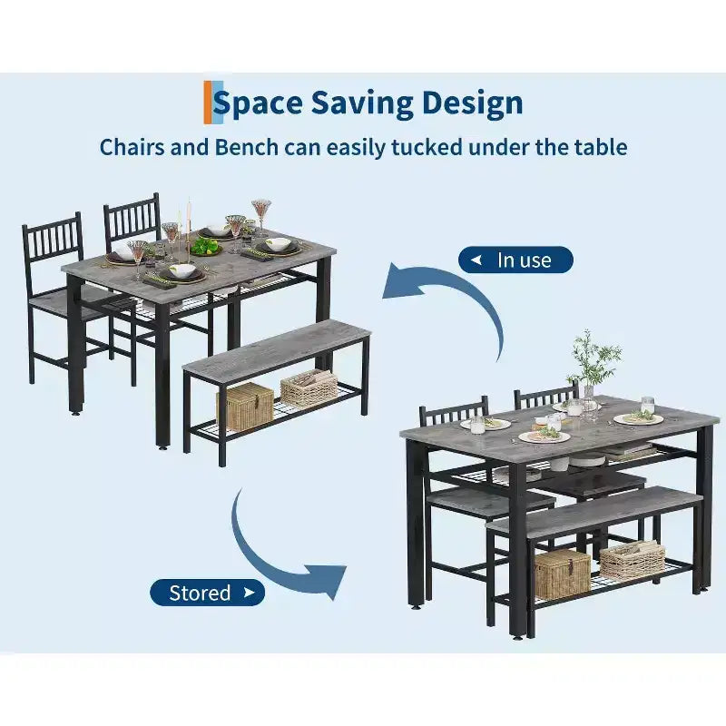 Une table à manger rectangulaire pour quatre, deux chaises et un banc