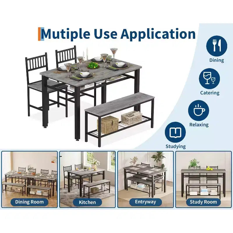 Une table à manger rectangulaire pour quatre, deux chaises et un banc