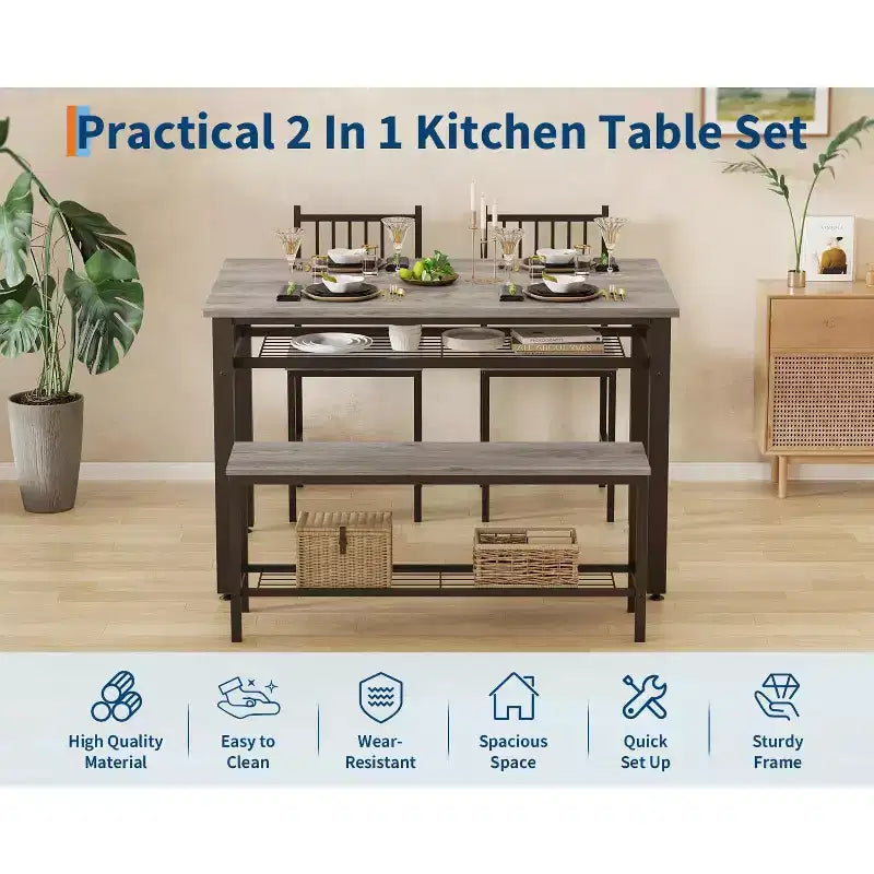 Une table à manger rectangulaire pour quatre, deux chaises et un banc