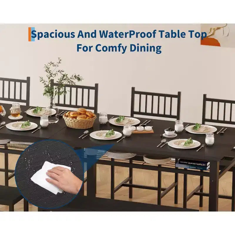 Une table à manger rectangulaire pour quatre, deux chaises et un banc