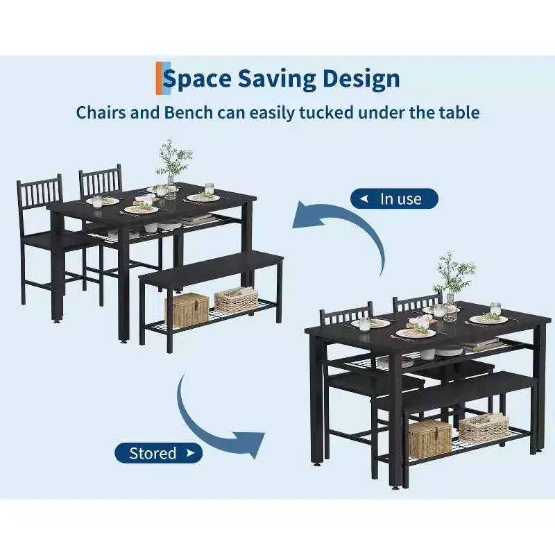 Une table à manger rectangulaire pour quatre, deux chaises et un banc