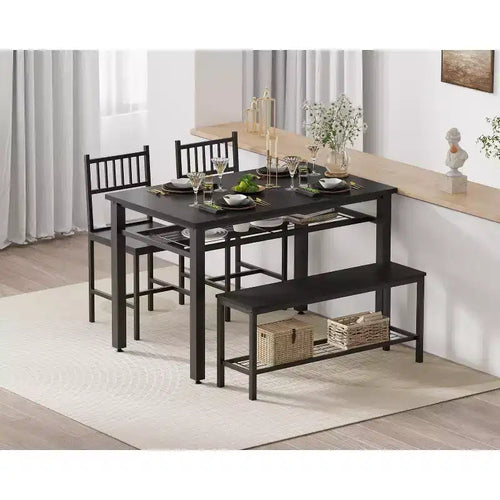 4 Piece Dining Table Set for 4 Wood Kitchen Table with 2 Chairs and Bench Rectangular Kitchen Table Set with Storage Shelf for Living Room