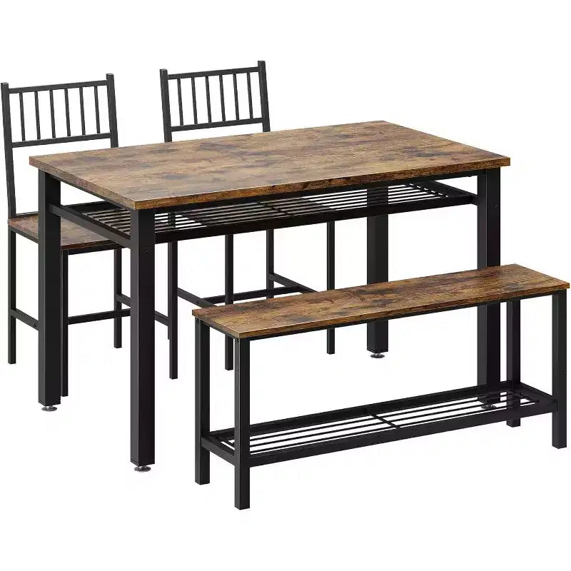Une table à manger rectangulaire pour quatre, deux chaises et un banc