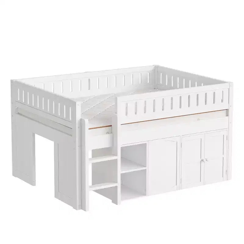 Lit mezzanine pleine grandeur avec rangements intégrés, panneau ardoise et espace de jeu sous le lit