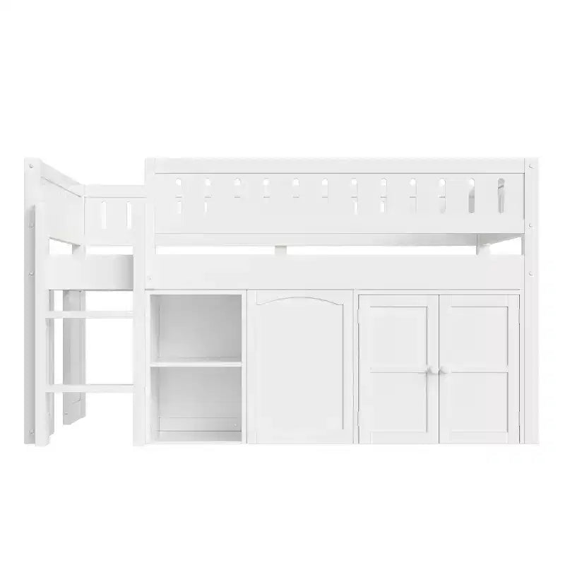 Lit mezzanine pleine grandeur avec rangements intégrés, panneau ardoise et espace de jeu sous le lit