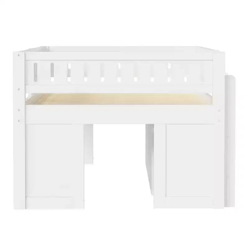 Lit mezzanine pleine grandeur avec rangements intégrés, panneau ardoise et espace de jeu sous le lit