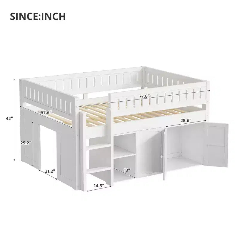 Lit mezzanine pleine grandeur avec rangements intégrés, panneau ardoise et espace de jeu sous le lit
