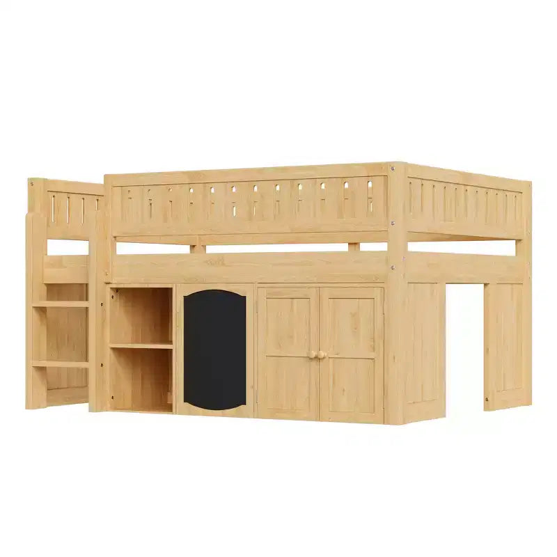 Lit mezzanine pleine grandeur avec rangements intégrés, panneau ardoise et espace de jeu sous le lit