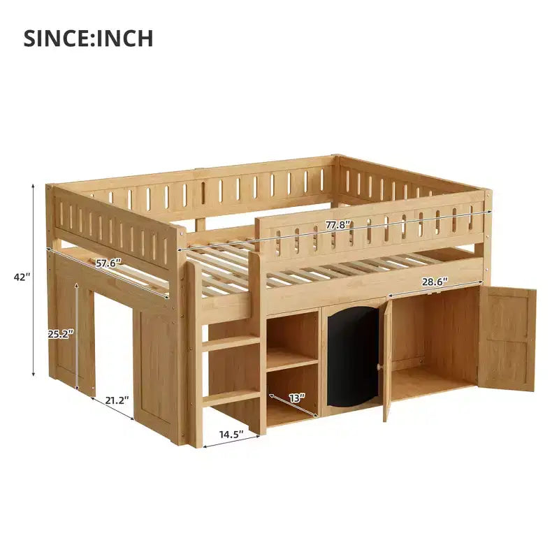 Lit mezzanine pleine grandeur avec rangements intégrés, panneau ardoise et espace de jeu sous le lit