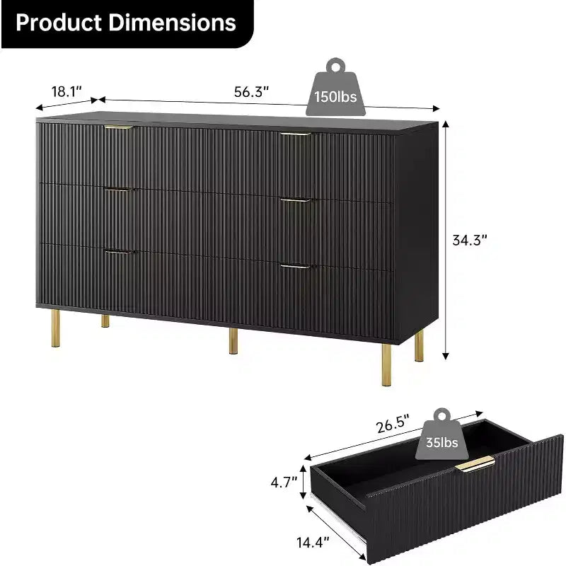 Armoire noire à six tiroirs avec coins arrondis, meuble de rangement pour vêtements de chambre à coucher
