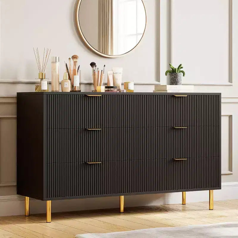 Armoire noire à six tiroirs avec coins arrondis, meuble de rangement pour vêtements de chambre à coucher