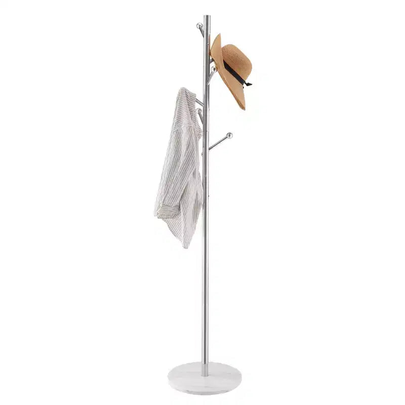 Freestanding Coat Rack with Marble Base and 8 Hooks Modern Stainless Steel Hall Tree for Entryway