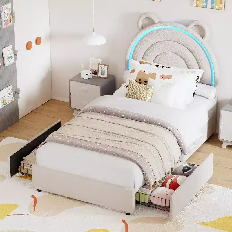 Lit double rembourré pour enfant avec 2 tiroirs de rangement et tête de lit arc-en-ciel à LED