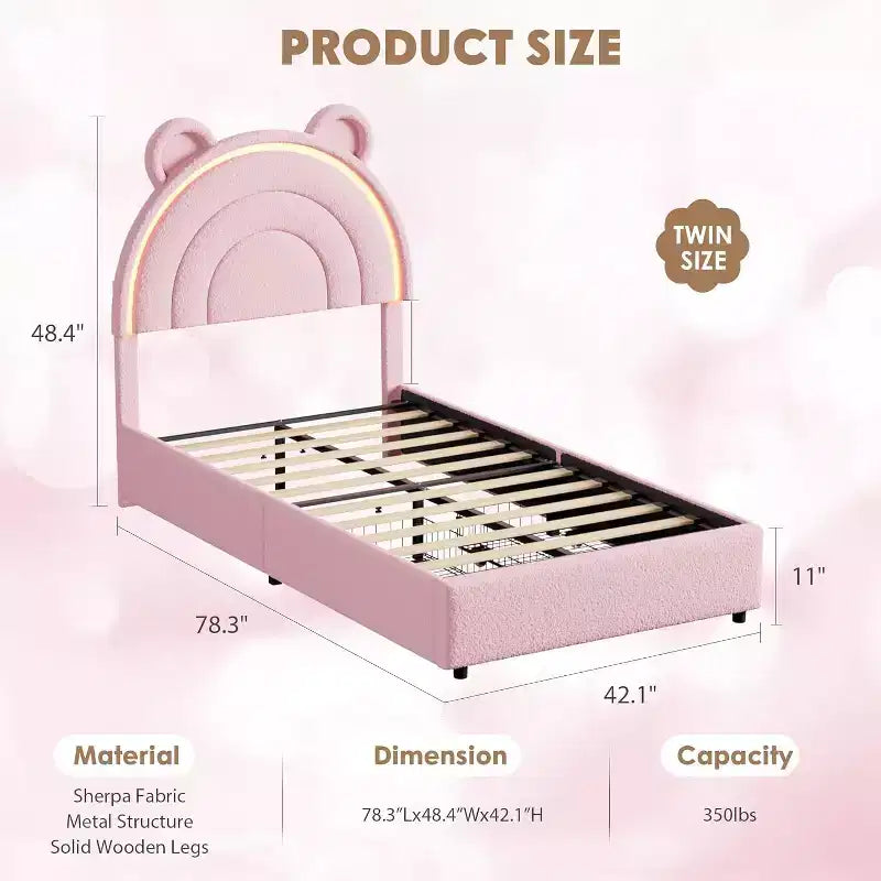 Lit double rembourré pour enfant avec 2 tiroirs de rangement et tête de lit arc-en-ciel à LED