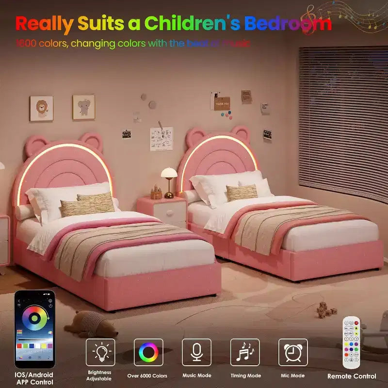 Lit double rembourré pour enfant avec 2 tiroirs de rangement et tête de lit arc-en-ciel à LED