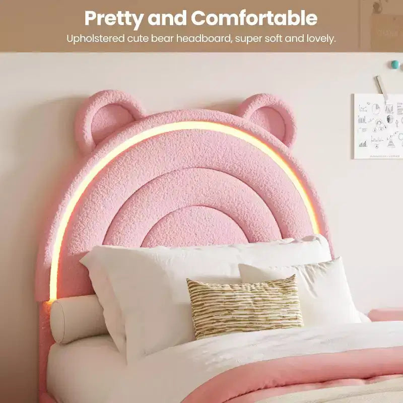 Lit double rembourré pour enfant avec 2 tiroirs de rangement et tête de lit arc-en-ciel à LED