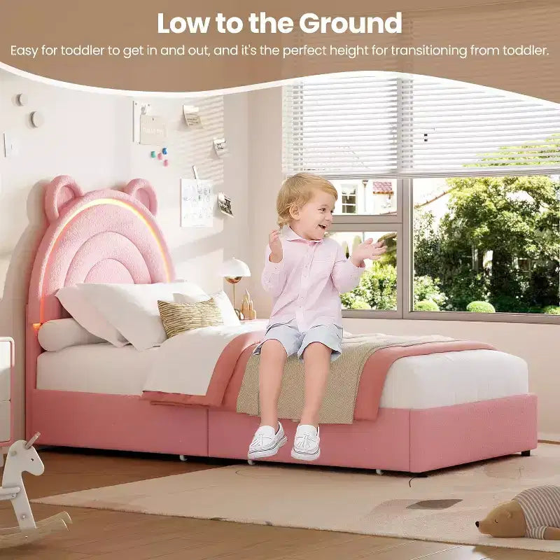 Lit double rembourré pour enfant avec 2 tiroirs de rangement et tête de lit arc-en-ciel à LED