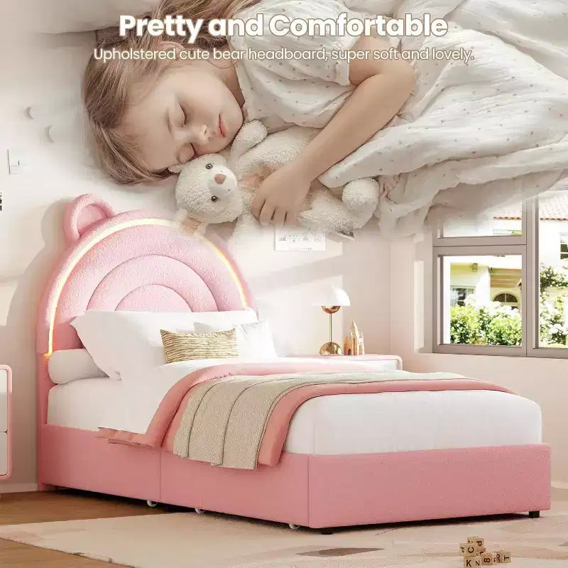 Lit double rembourré pour enfant avec 2 tiroirs de rangement et tête de lit arc-en-ciel à LED