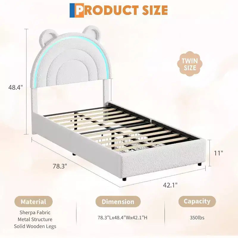 Lit double rembourré pour enfant avec 2 tiroirs de rangement et tête de lit arc-en-ciel à LED