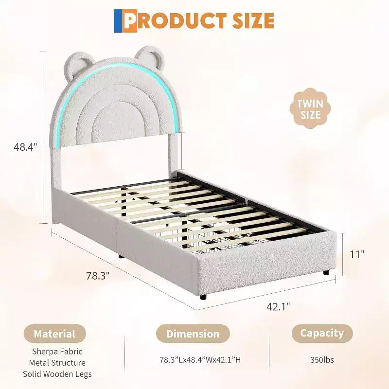 Lit double rembourré pour enfant avec 2 tiroirs de rangement et tête de lit arc-en-ciel à LED