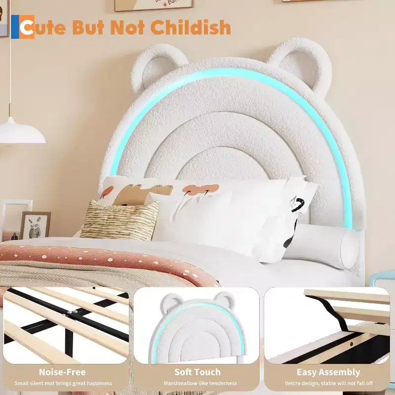 Lit double rembourré pour enfant avec 2 tiroirs de rangement et tête de lit arc-en-ciel à LED
