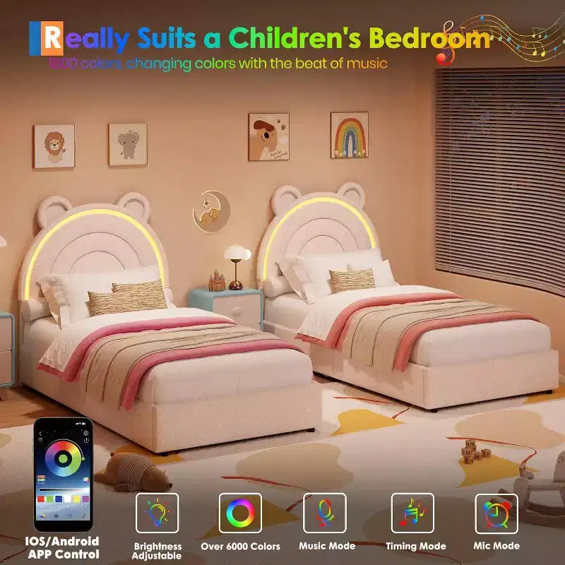 Lit double rembourré pour enfant avec 2 tiroirs de rangement et tête de lit arc-en-ciel à LED