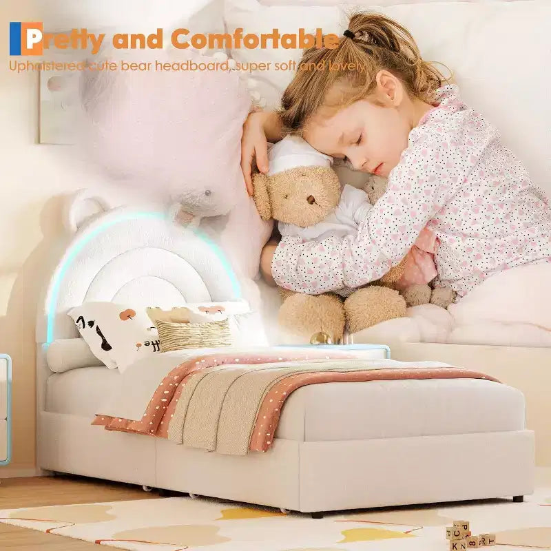 Lit double rembourré pour enfant avec 2 tiroirs de rangement et tête de lit arc-en-ciel à LED