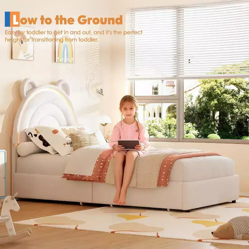 Lit double rembourré pour enfant avec 2 tiroirs de rangement et tête de lit arc-en-ciel à LED