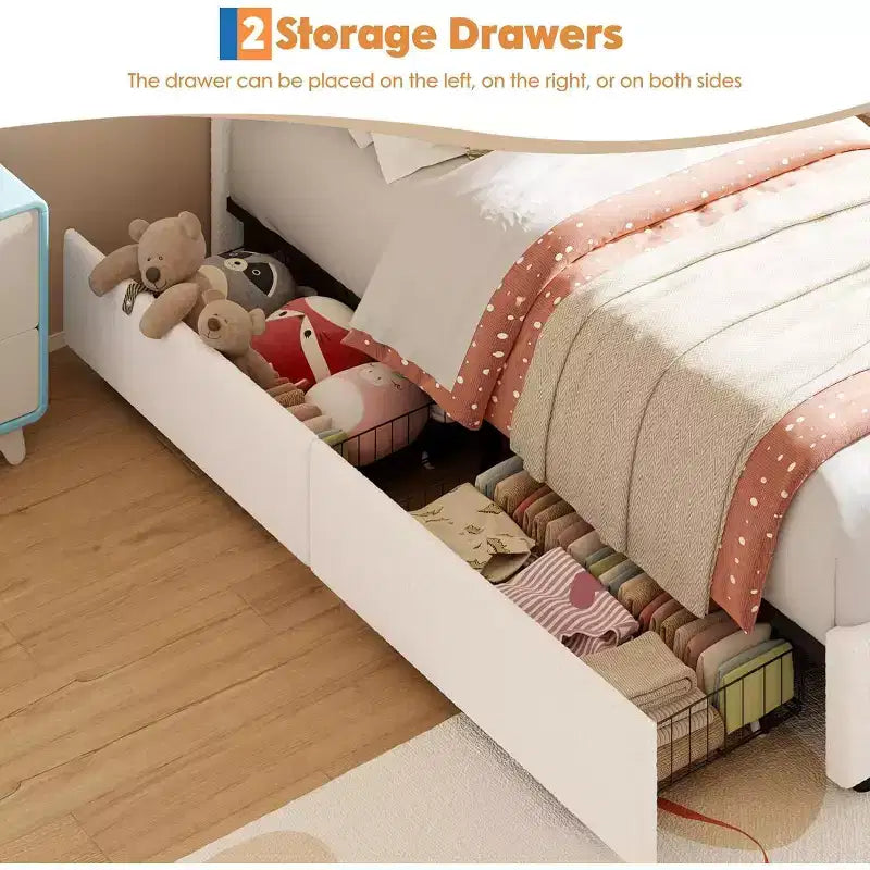 Lit double rembourré pour enfant avec 2 tiroirs de rangement et tête de lit arc-en-ciel à LED