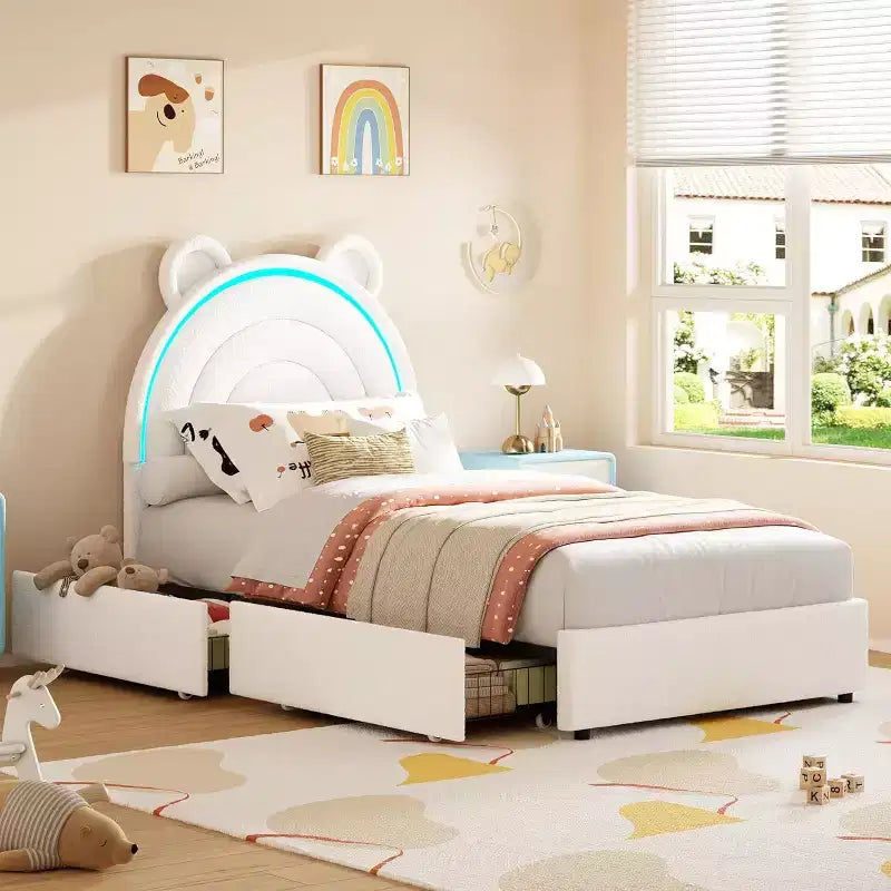 Lit double rembourré pour enfant avec 2 tiroirs de rangement et tête de lit arc-en-ciel à LED