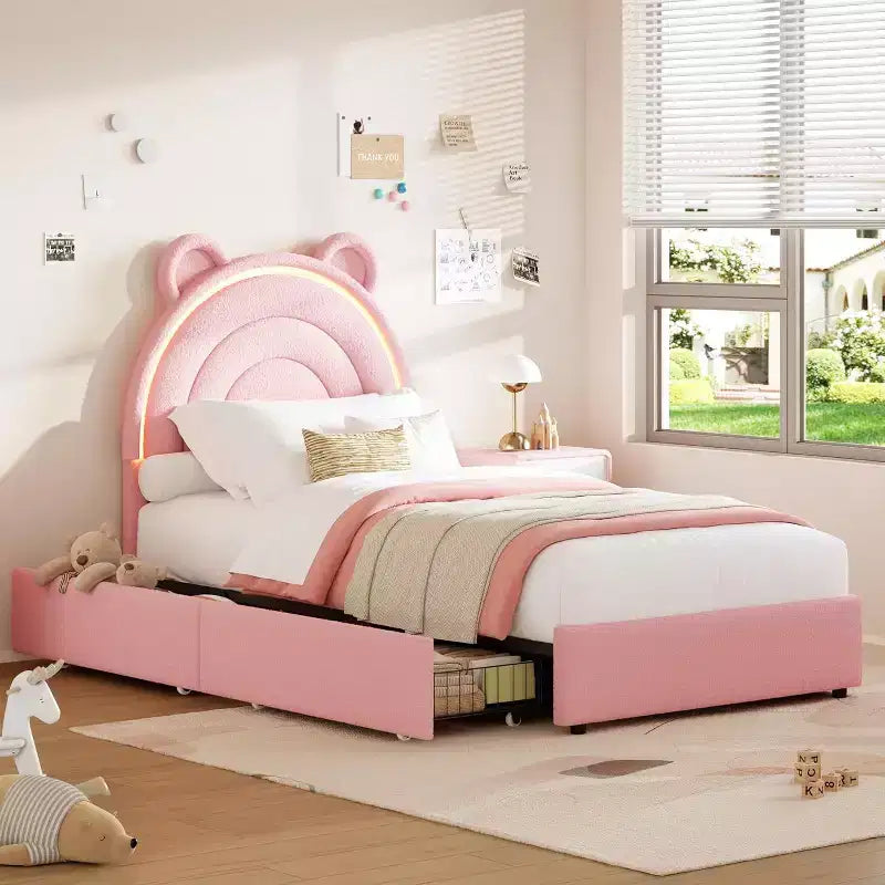 Lit double rembourré pour enfant avec 2 tiroirs de rangement et tête de lit arc-en-ciel à LED