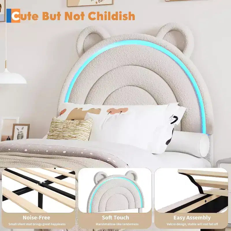 Lit double rembourré pour enfant avec 2 tiroirs de rangement et tête de lit arc-en-ciel à LED