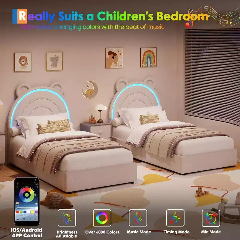 Lit double rembourré pour enfant avec 2 tiroirs de rangement et tête de lit arc-en-ciel à LED