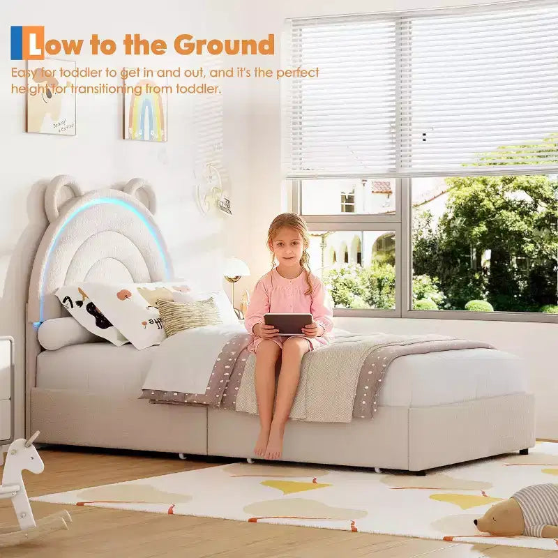 Lit double rembourré pour enfant avec 2 tiroirs de rangement et tête de lit arc-en-ciel à LED