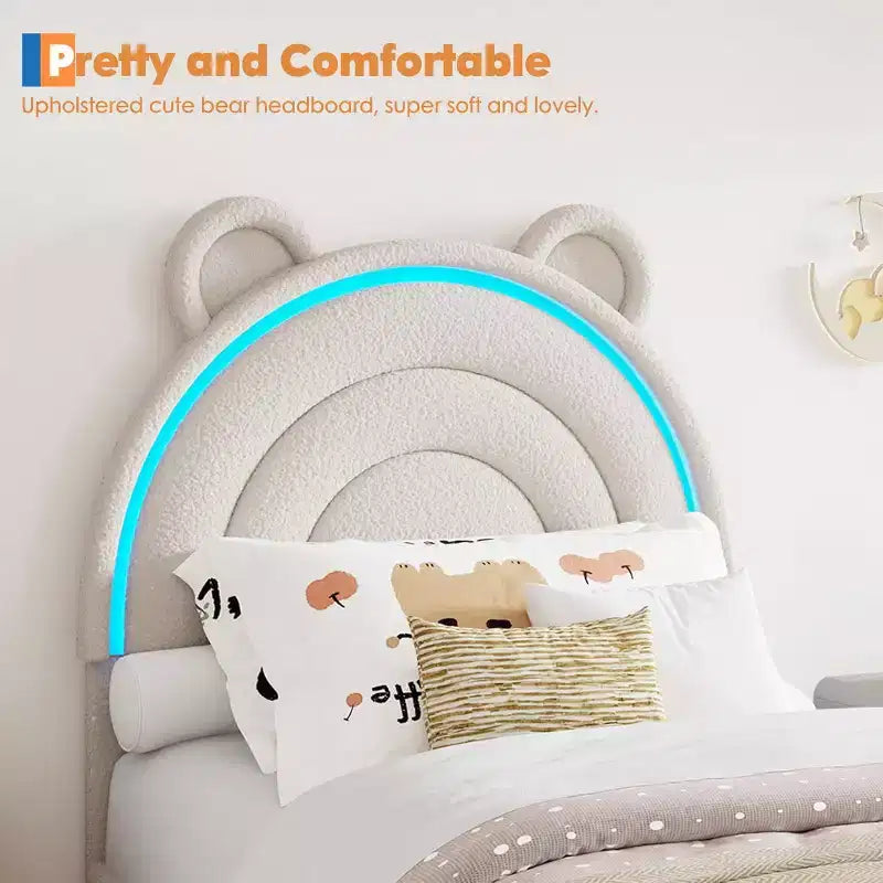 Lit double rembourré pour enfant avec 2 tiroirs de rangement et tête de lit arc-en-ciel à LED