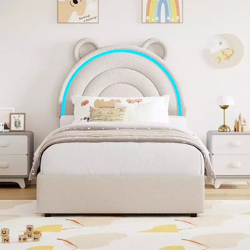 Lit double rembourré pour enfant avec 2 tiroirs de rangement et tête de lit arc-en-ciel à LED