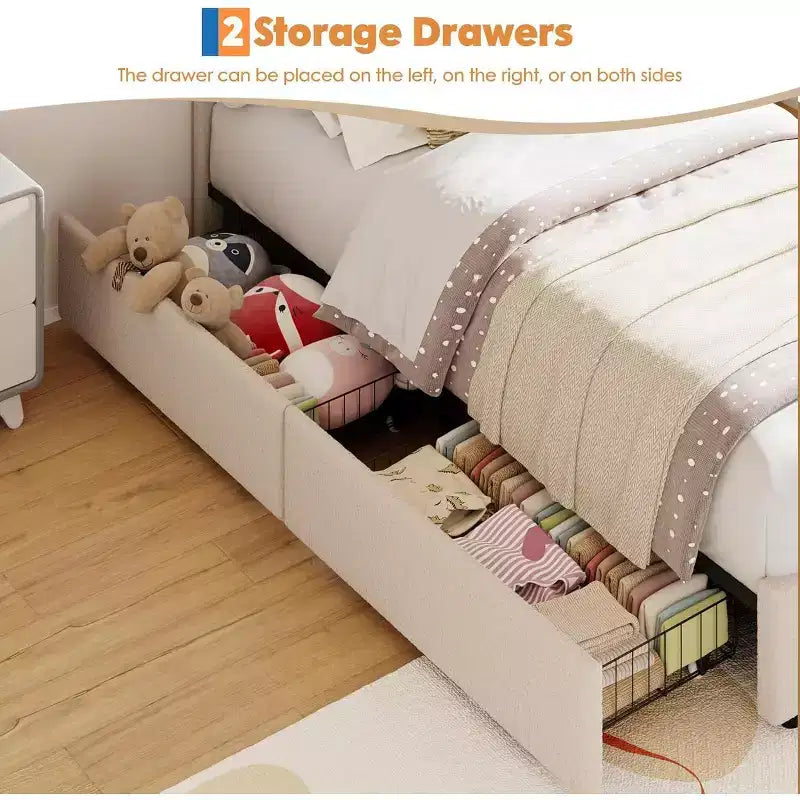 Lit double rembourré pour enfant avec 2 tiroirs de rangement et tête de lit arc-en-ciel à LED