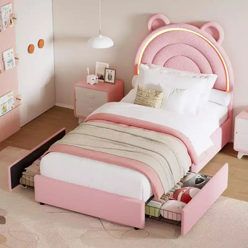 Lit double rembourré pour enfant avec 2 tiroirs de rangement et tête de lit arc-en-ciel à LED