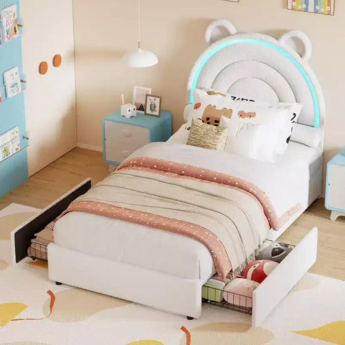 Lit double rembourré pour enfant avec 2 tiroirs de rangement et tête de lit arc-en-ciel à LED
