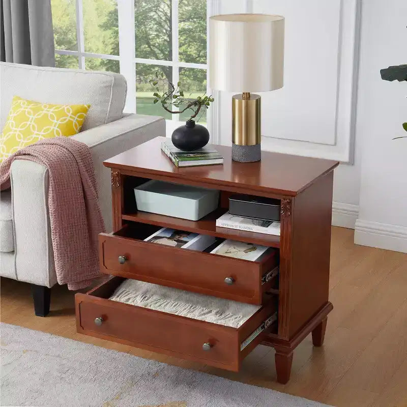 Table d'appoint/de chevet vintage avec deux tiroirs et des étagères ouvertes