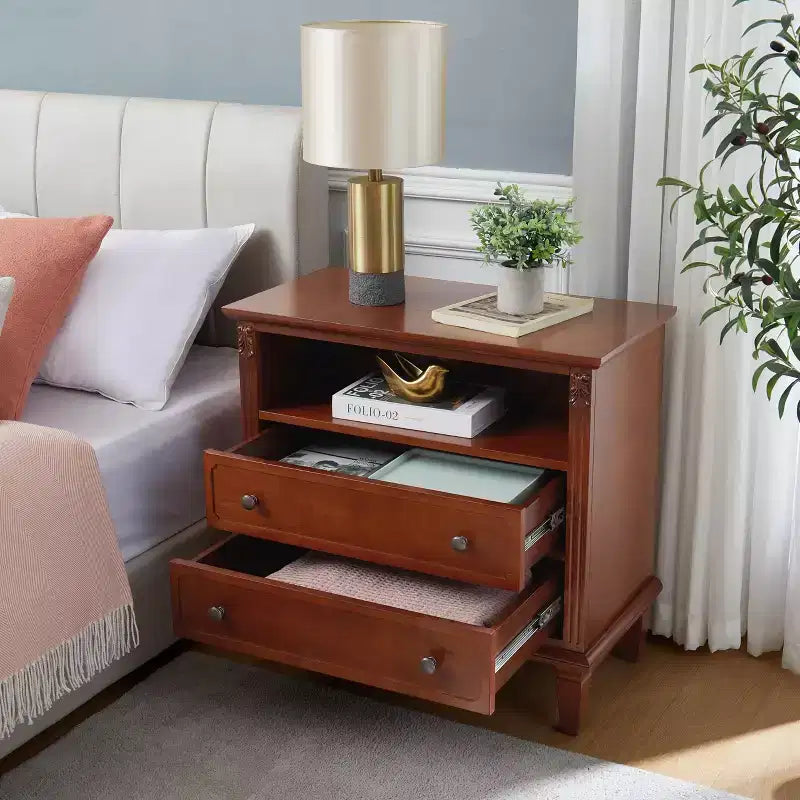 Table d'appoint/de chevet vintage avec deux tiroirs et des étagères ouvertes