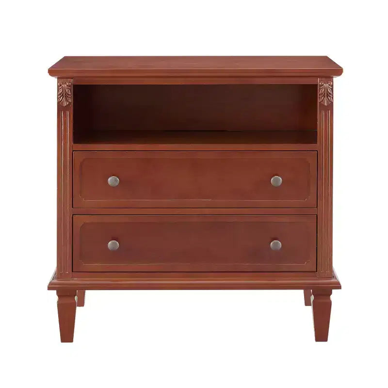 Table d'appoint/de chevet vintage avec deux tiroirs et des étagères ouvertes