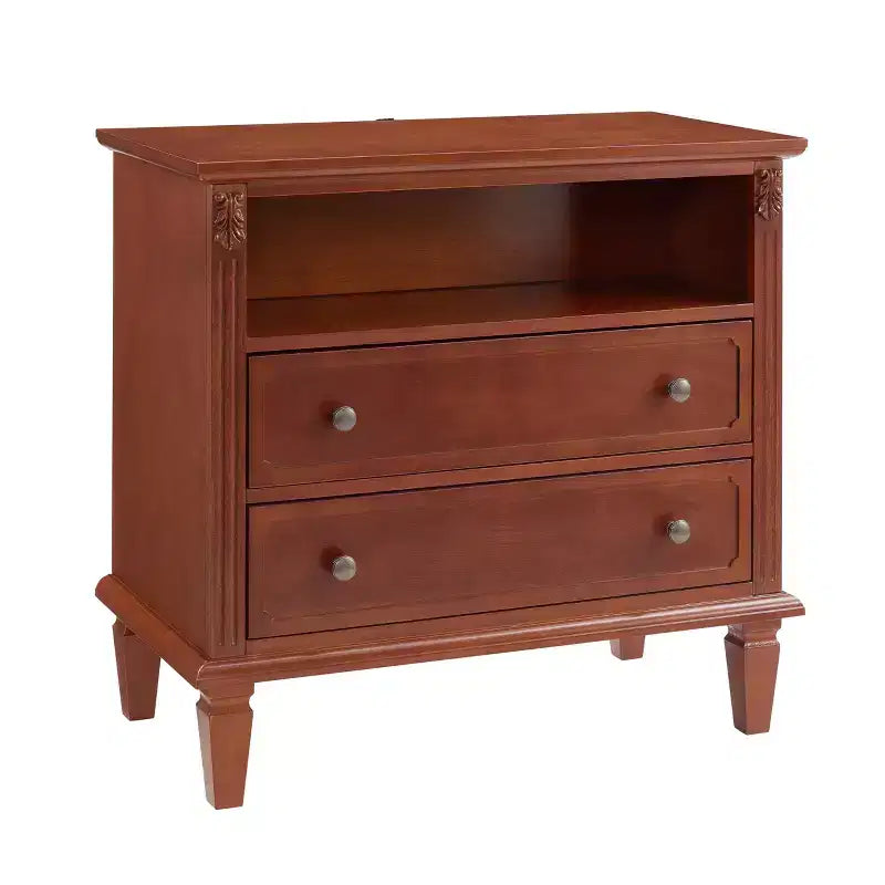 Table d'appoint/de chevet vintage avec deux tiroirs et des étagères ouvertes