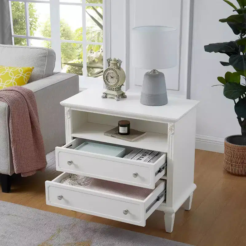 Table d'appoint/de chevet vintage avec deux tiroirs et des étagères ouvertes