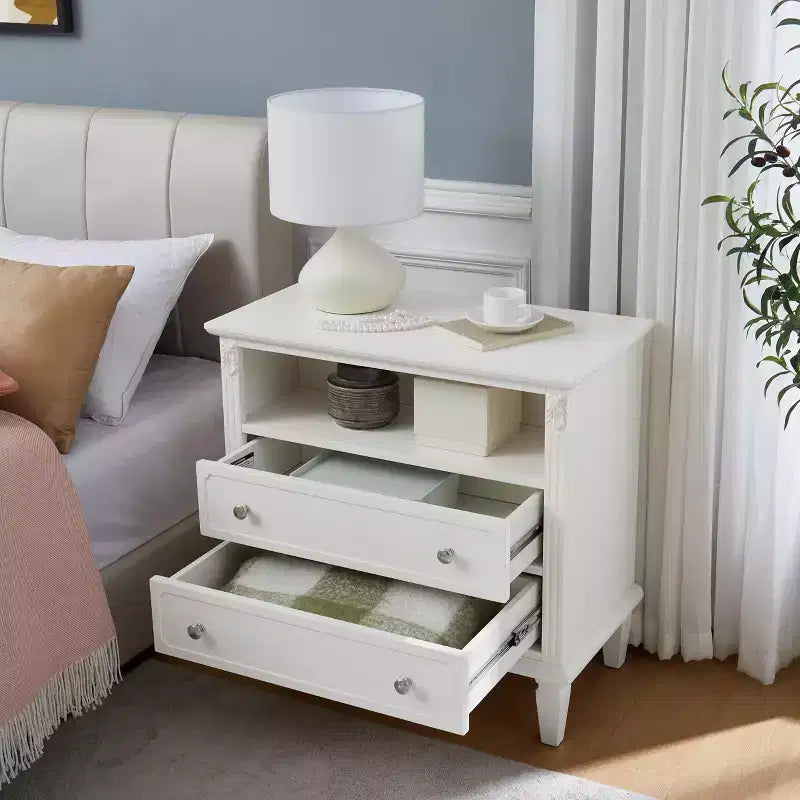 Table d'appoint/de chevet vintage avec deux tiroirs et des étagères ouvertes
