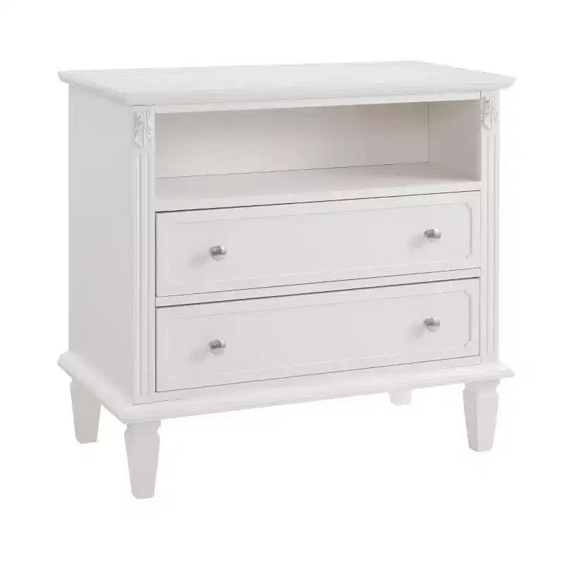 Table d'appoint/de chevet vintage avec deux tiroirs et des étagères ouvertes
