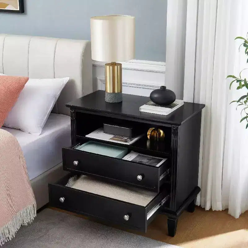 Table d'appoint/de chevet vintage avec deux tiroirs et des étagères ouvertes